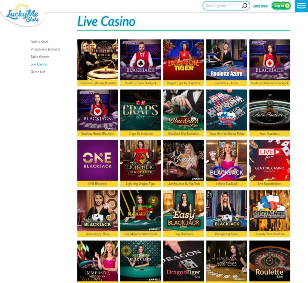 LuckyMe Slots desktop live dealer games collection screenshot showing roulette, blackjack and baccarat tables in lobby view with categories and provider filters - tested