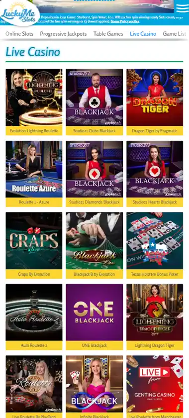 LuckyMe Slots mobile live dealer games collection screenshot displaying available live tables and categories with mobile-friendly interface/navigation - tested