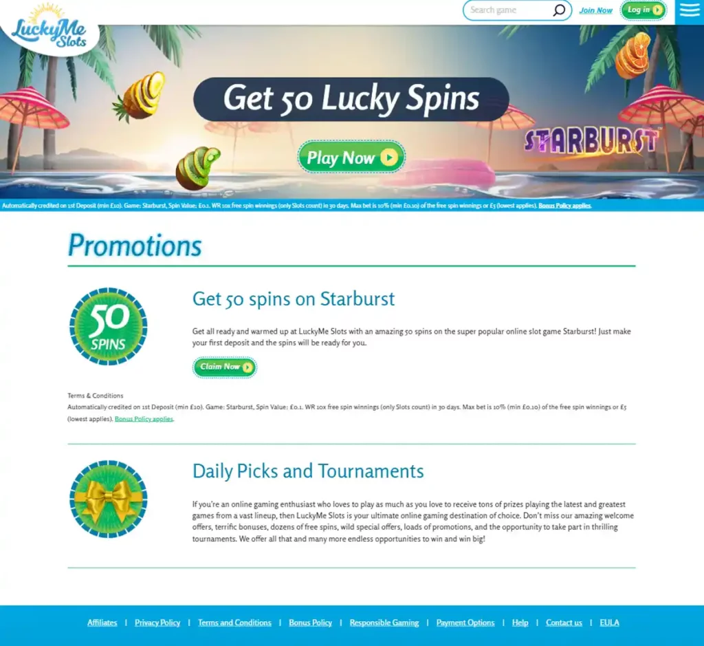 LuckyMe Slots desktop promotions screenshot showing promotional banners, bonus offers and claim instructions with categories and filter options - tested