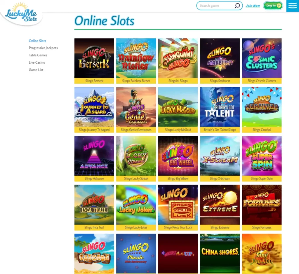 LuckyMe Slots desktop slots screenshot showing multiple slot categories, featured games and provider filters - tested