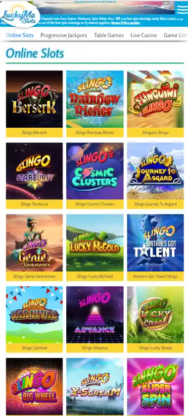 LuckyMe Slots mobile slots variety screenshot displaying featured slots, categories and touch-optimized navigation - tested