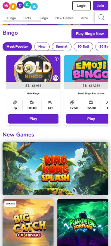 Mecca Bingo mobile home page screenshot displaying main navigation, featured games and mobile-friendly interface - tested