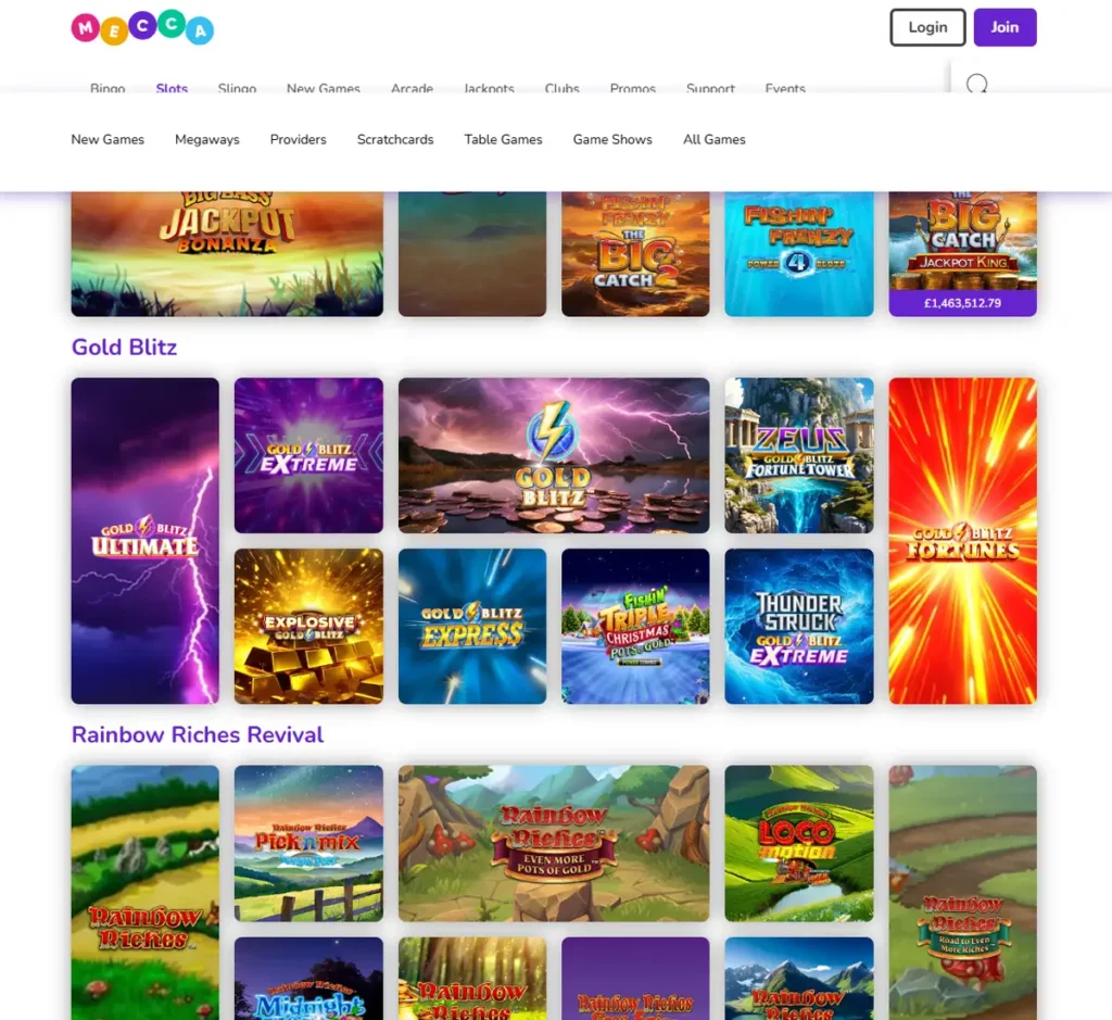 Mecca Bingo desktop slots variety screenshot showing multiple slot categories, featured games and provider filters - tested