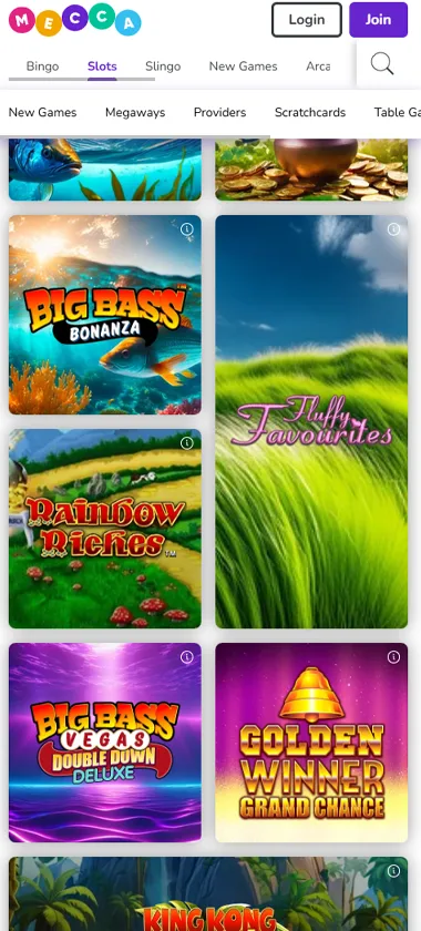 Mecca Bingo mobile slots variety screenshot displaying featured slots, categories and touch-optimized navigation - tested