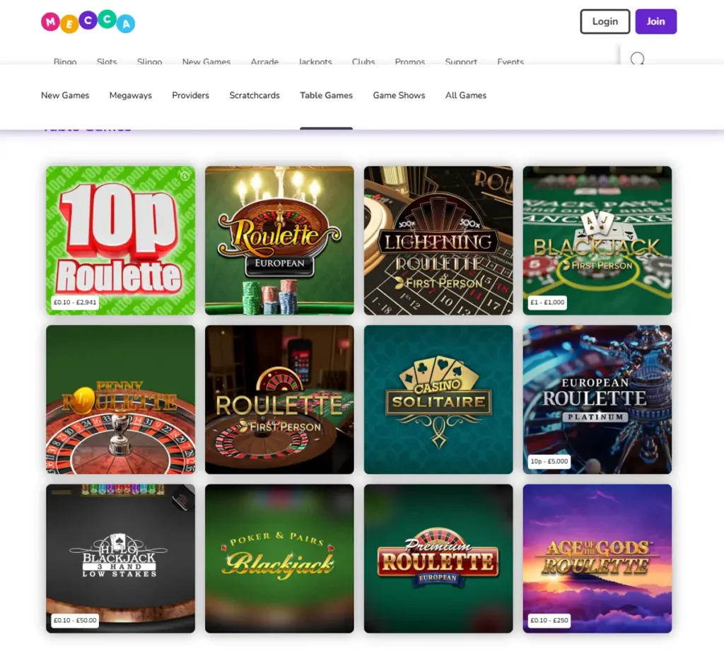 Mecca Bingo desktop table games collection screenshot showing various table games, categories and filtering options - tested