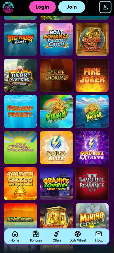 ND slots casino slot games mobile interface screenshot displaying popular slots and game selection - verified