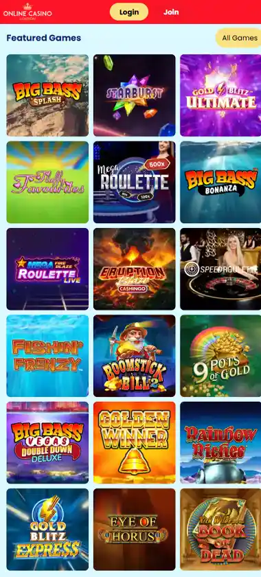 Online Casino London mobile homepage screenshot displaying main navigation, featured games and mobile-friendly interface/navigation - tested