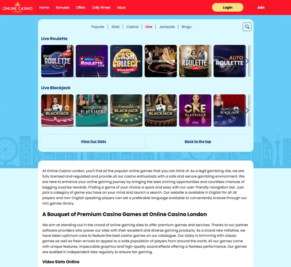 Online Casino London desktop live dealer games collection screenshot showing roulette, blackjack and baccarat tables in lobby view with categories and provider filters - tested