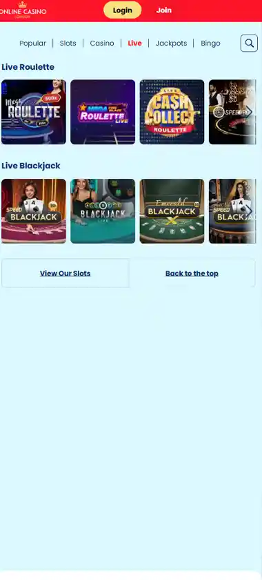 Online Casino London mobile live dealer games collection screenshot displaying available live tables and categories with mobile-friendly interface/navigation - tested
