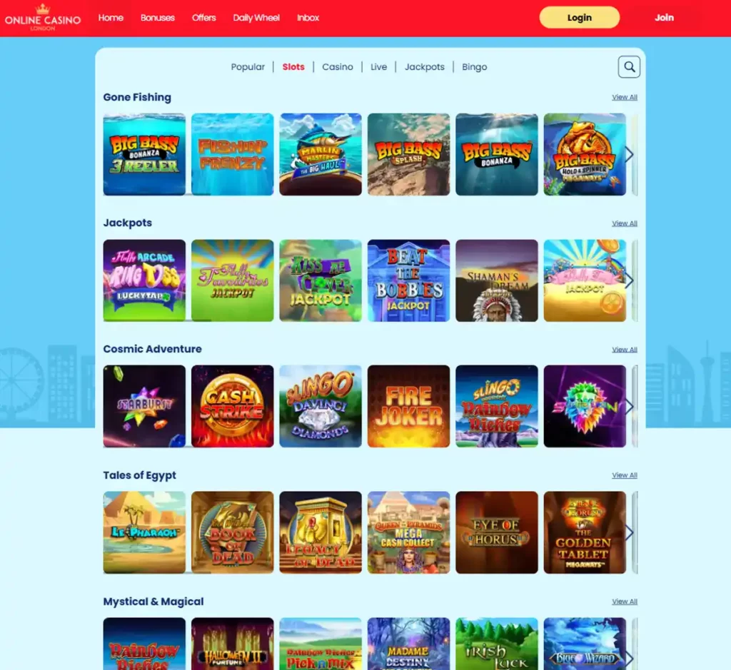 Online Casino London desktop slots screenshot showing multiple slot categories, featured games and provider filters - tested
