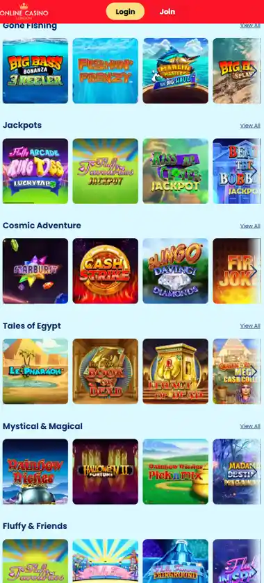 Online Casino London mobile slots variety screenshot displaying featured slots, categories and touch-optimized navigation - tested