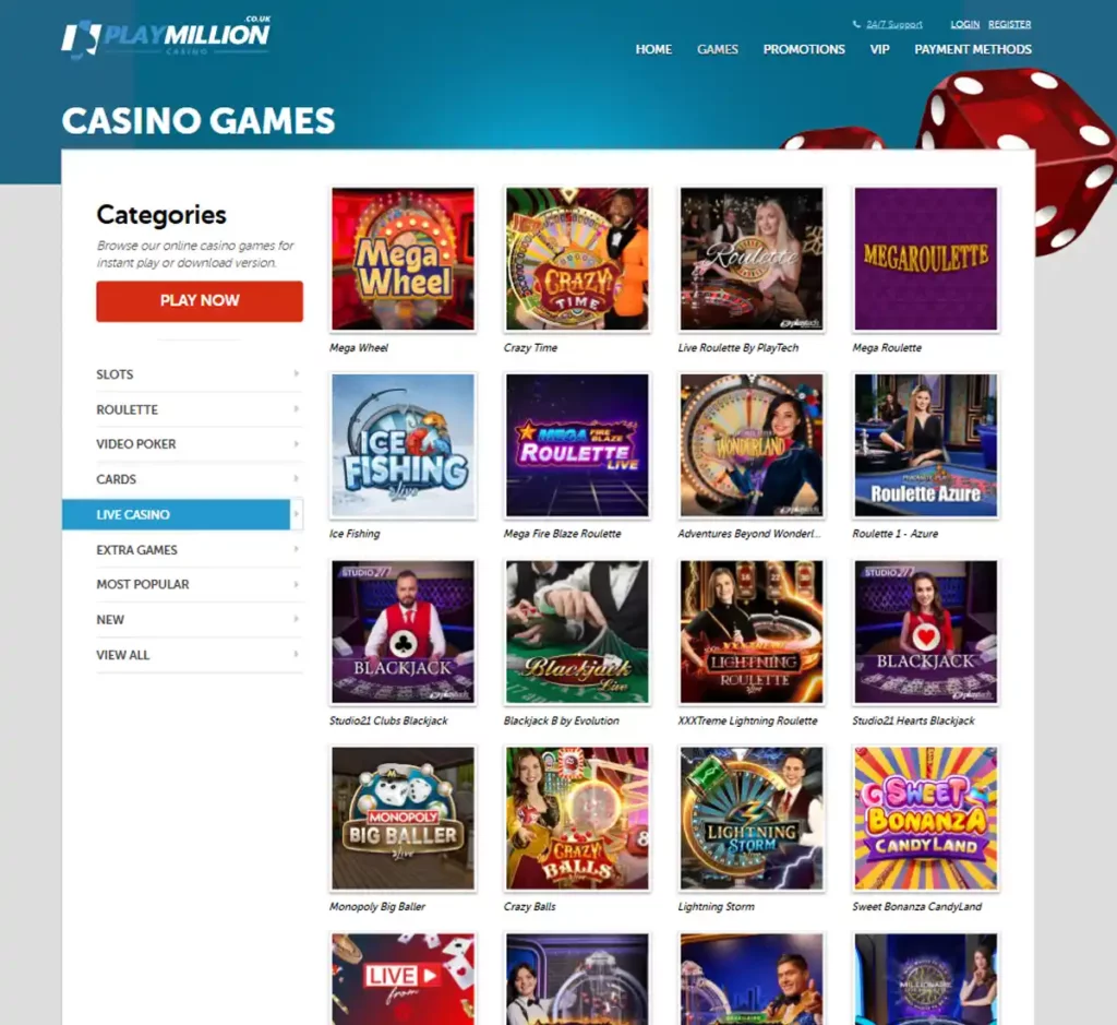 PlayMillion Casino desktop live dealer games collection screenshot showing roulette, blackjack and baccarat tables in lobby view with categories and provider filters - tested