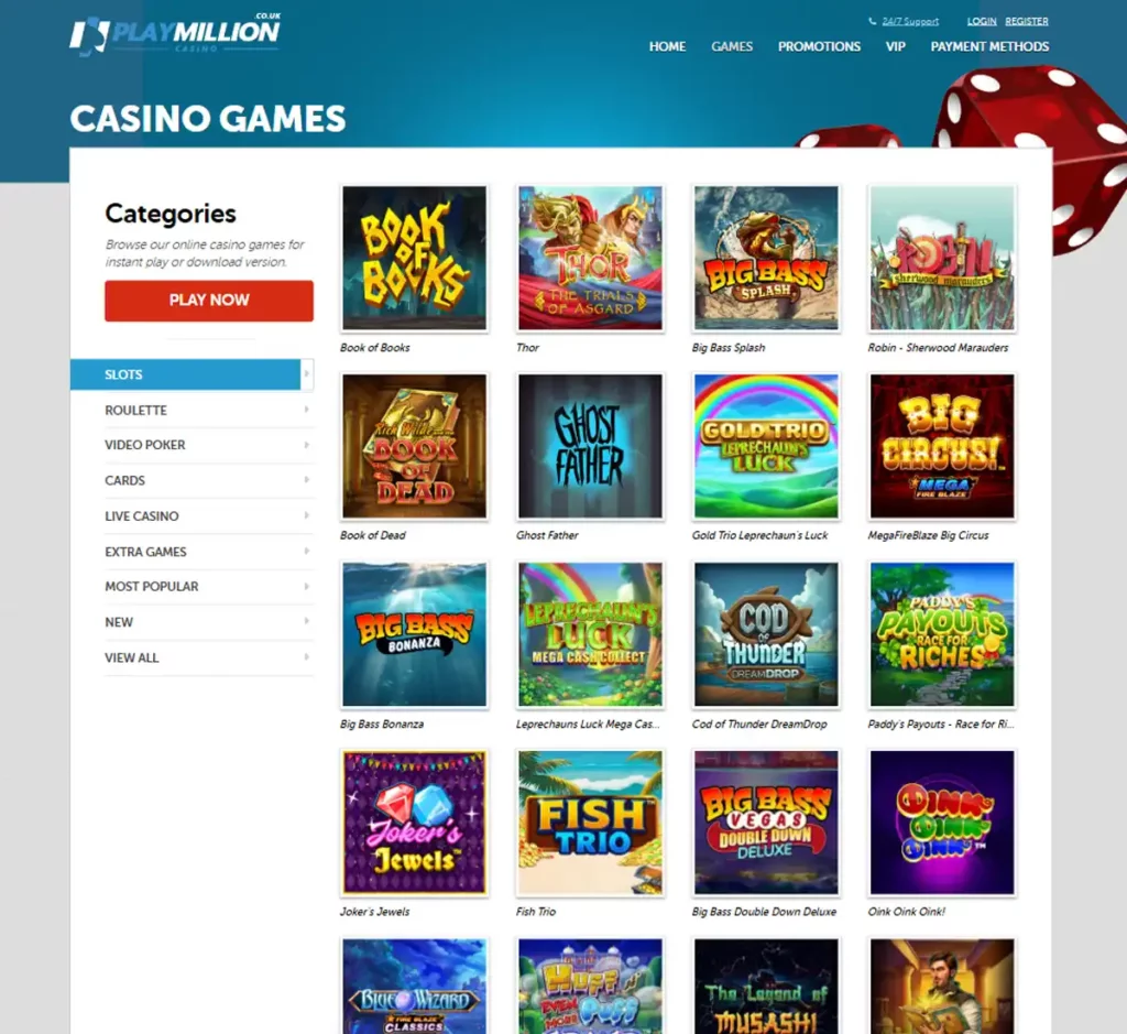 PlayMillion Casino desktop slots screenshot showing multiple slot categories, featured games and provider filters - tested