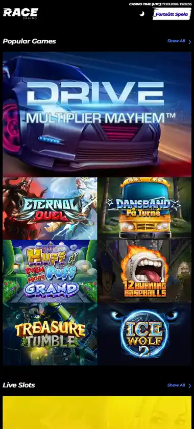 Race Casino mobile homepage screenshot displaying main navigation, featured games and mobile-friendly interface/navigation - tested
