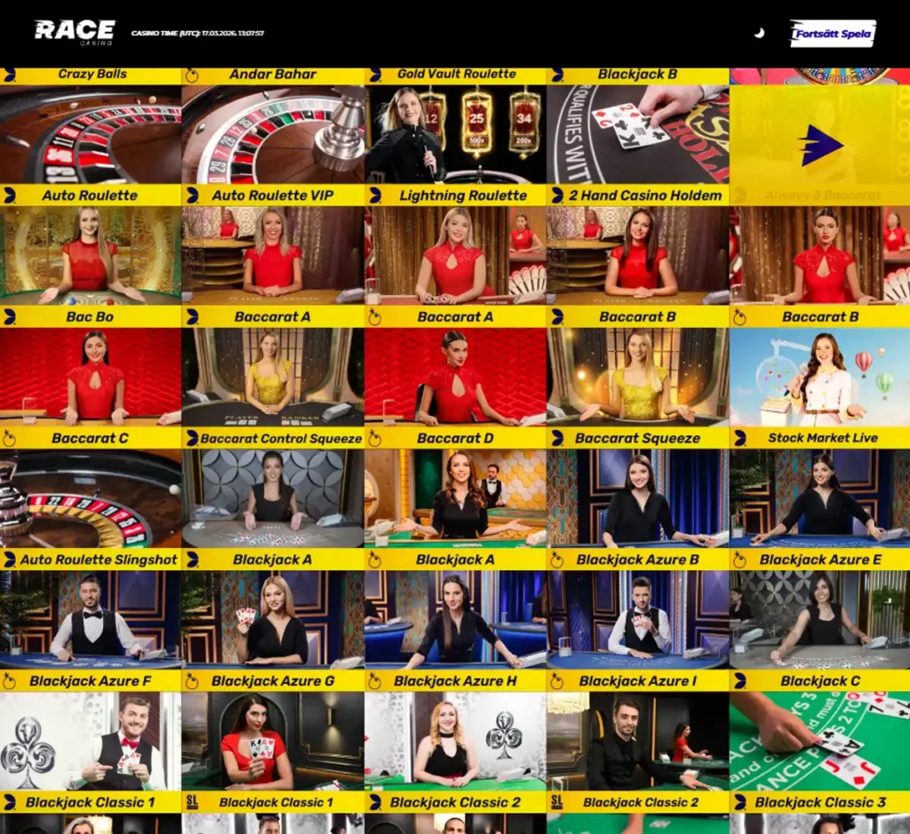 Race Casino desktop live dealer games collection screenshot showing roulette, blackjack and baccarat tables in lobby view with categories and provider filters - tested