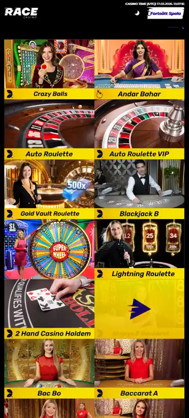 Race Casino mobile live dealer games collection screenshot displaying available live tables and categories with mobile-friendly interface/navigation - tested