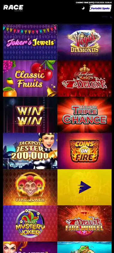 Race Casino mobile slot screenshot displaying featured slots, categories and touch-optimized navigation - tested