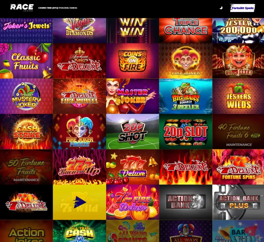 Race Casino desktop slots screenshot showing multiple slot categories, featured games and provider filters - tested