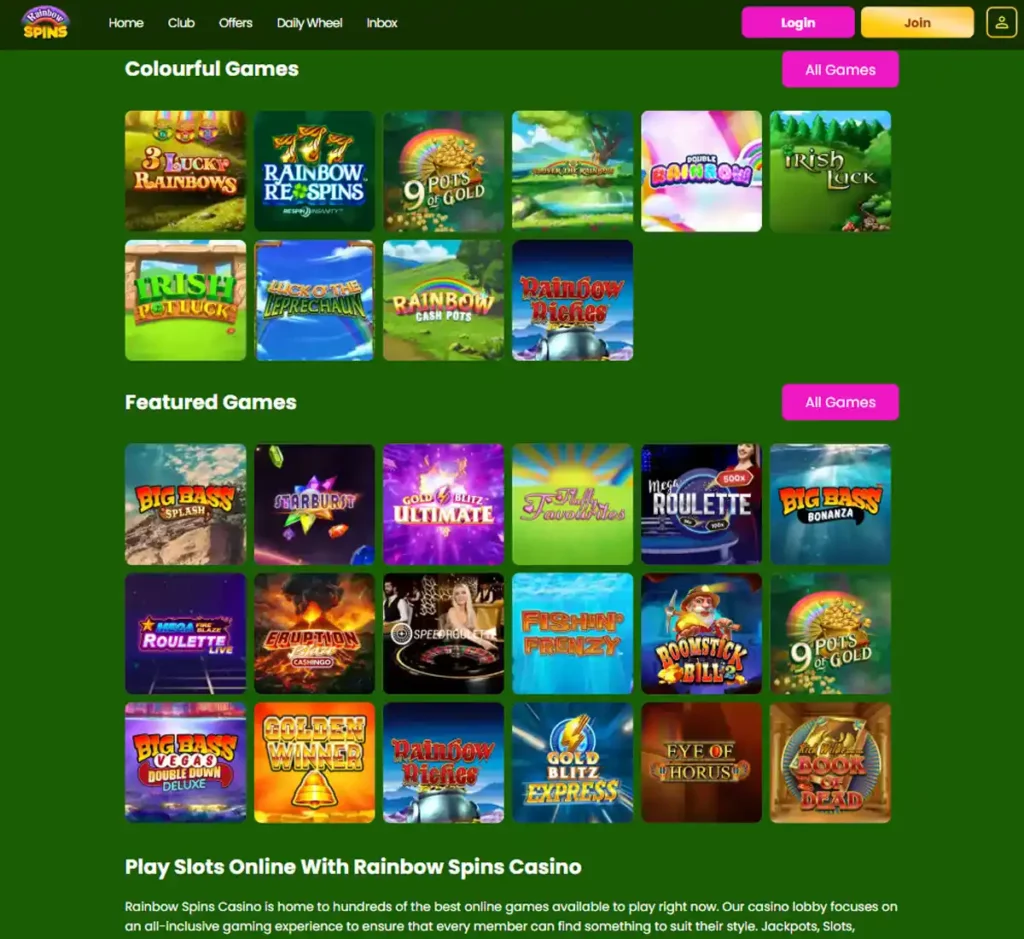 Rainbow Spins Casino desktop homepage screenshot showing main navigation, featured games and promotional banners - tested