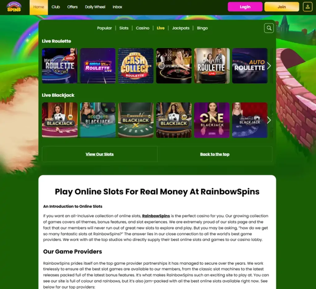 Rainbow Spins Casino desktop live dealer games collection screenshot showing roulette, blackjack and baccarat tables in lobby view with categories and provider filters - tested