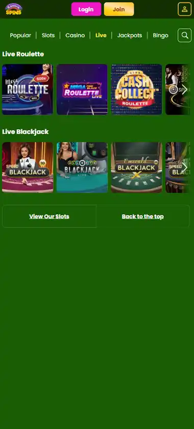 Rainbow Spins Casino mobile live dealer games collection screenshot displaying available live tables and categories with mobile-friendly interface/navigation - tested