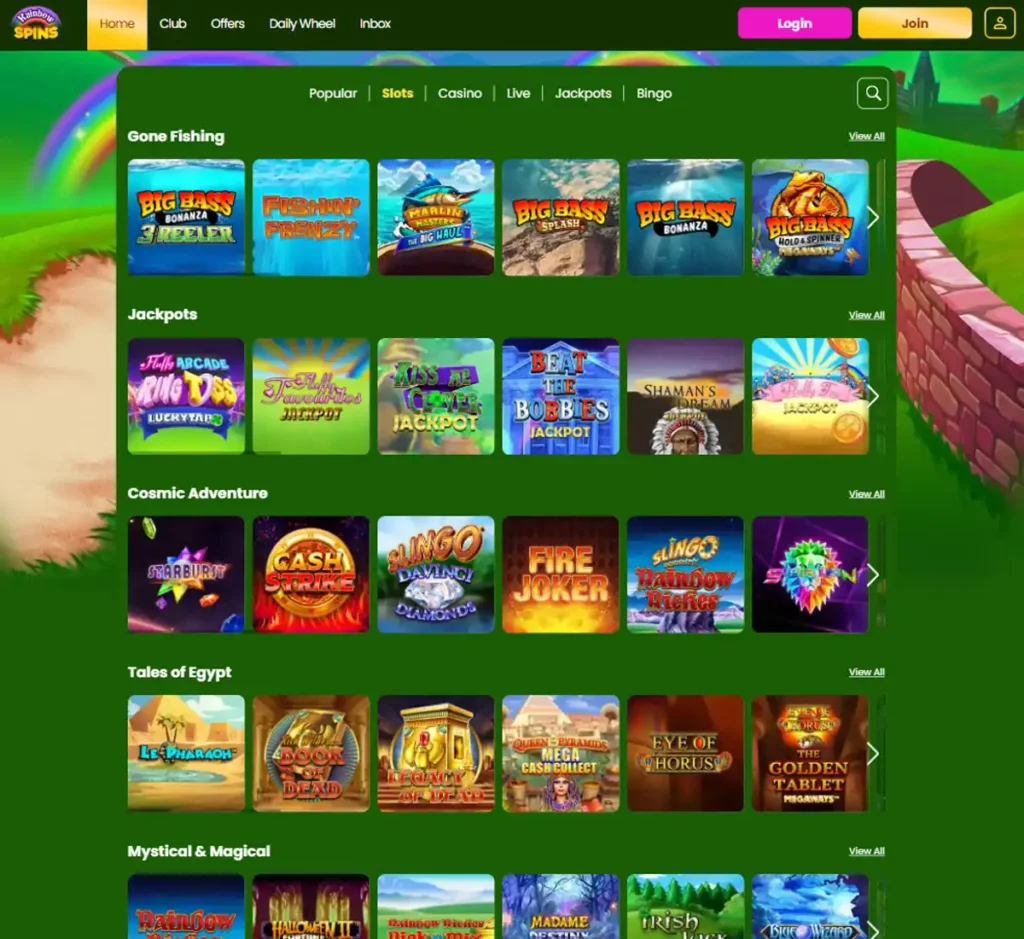 Rainbow Spins Casino desktop slots screenshot showing multiple slot categories, featured games and provider filters - tested