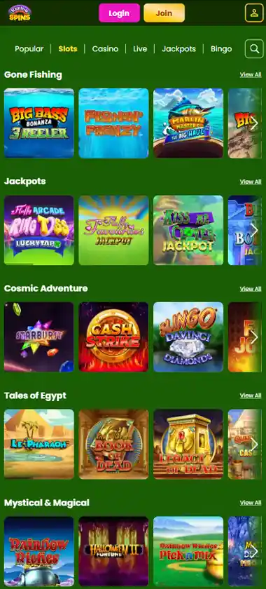 Rainbow Spins Casino mobile slots variety screenshot displaying featured slots, categories and touch-optimized navigation - tested