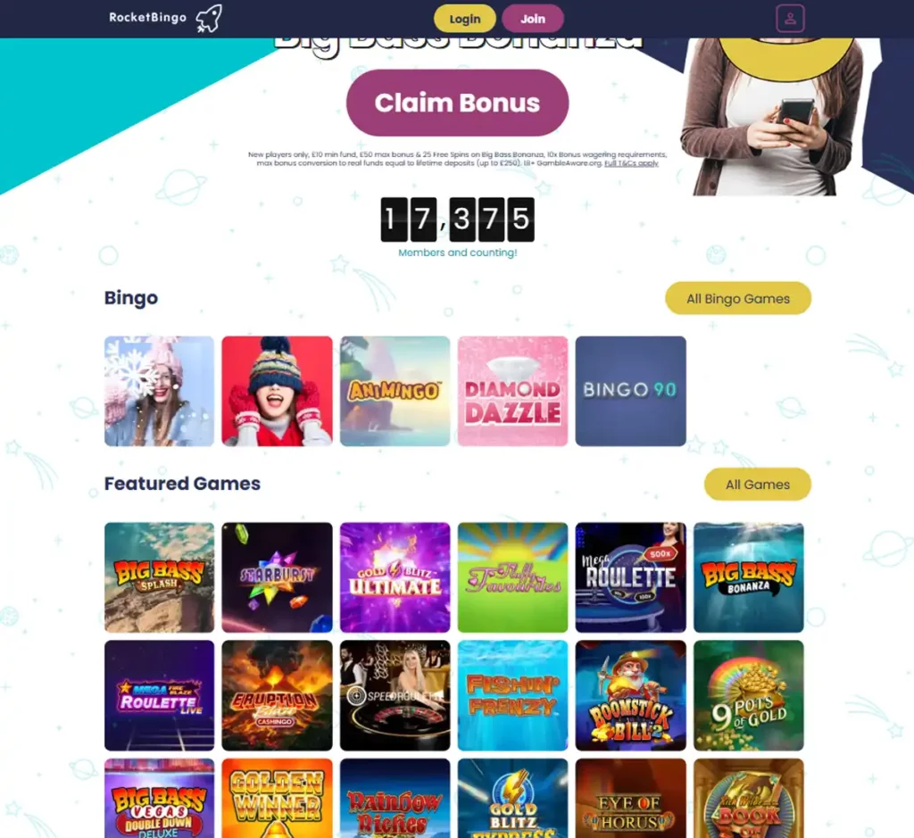 Rocket Bingo desktop homepage screenshot showing main navigation, featured games and promotional banners - tested
