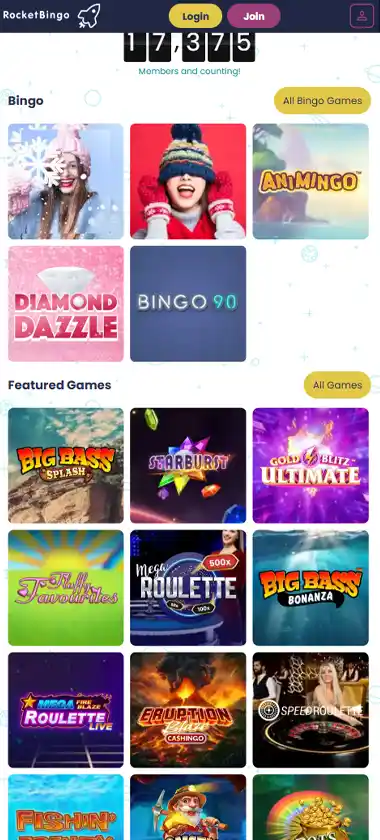 Rocket Bingo mobile homepage screenshot displaying main navigation, featured games and mobile-friendly interface/navigation - tested