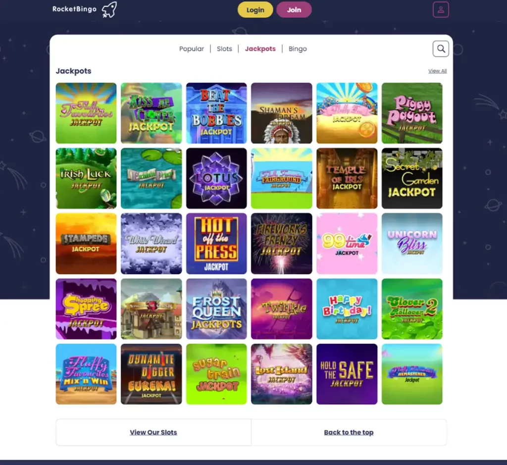 Rocket Bingo desktop jackpots screenshot showing progressive jackpot titles, prize amounts and provider filters - tested