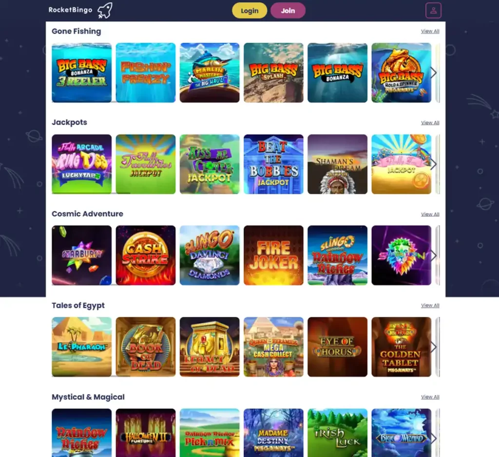 Rocket Bingo desktop slots screenshot showing multiple slot categories, featured games and provider filters - tested