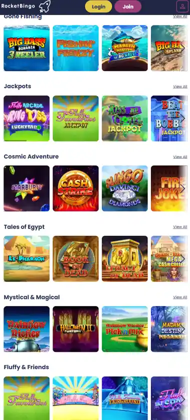 Rocket Bingo mobile slots variety screenshot displaying featured slots, categories and touch-optimized navigation - tested