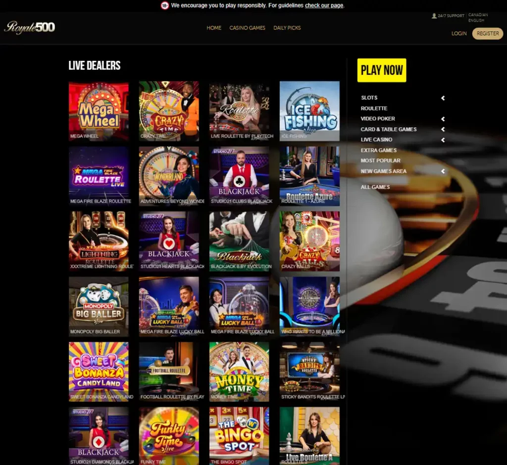 Royale500 Casino desktop live dealer games collection screenshot showing roulette, blackjack and baccarat tables in lobby view with categories and provider filters - tested