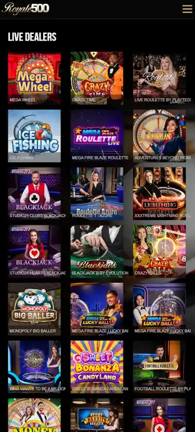Royale500 Casino mobile live dealer games collection screenshot displaying available live tables and categories with mobile-friendly interface/navigation - tested