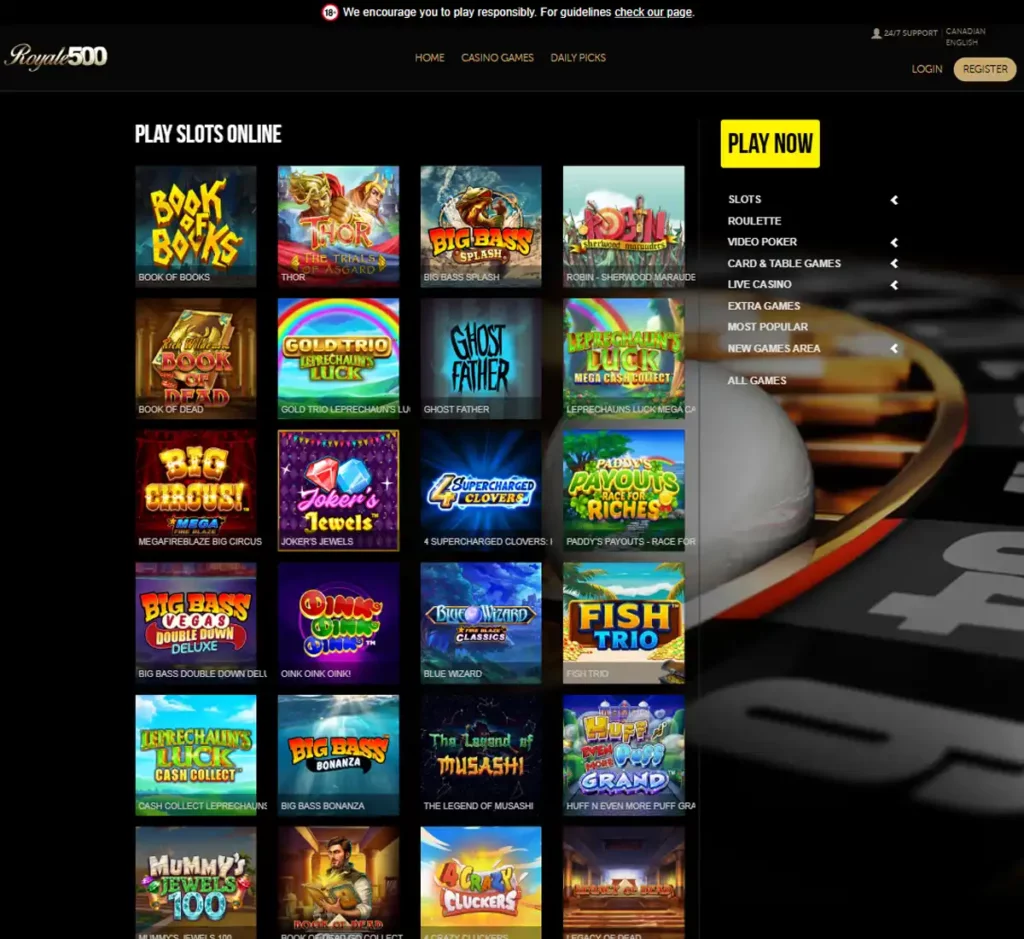 Royale500 Casino desktop slots screenshot showing multiple slot categories, featured games and provider filters - tested