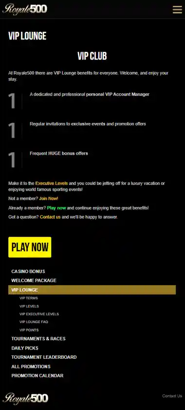 Royale500 Casino mobile VIP club screenshot displaying VIP features, exclusive promotions and touch-optimized navigation - tested