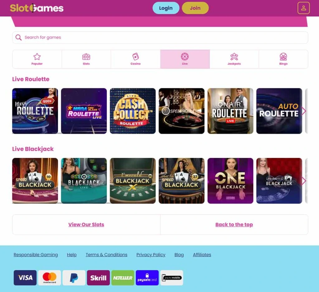 Slot Games Casino desktop live casino screenshot showing real-dealer tables including roulette, blackjack and baccarat with lobby navigation - tested