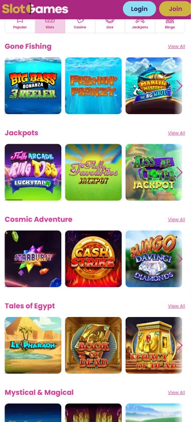 Slot Games Casino mobile slots screenshot showing slot game categories, featured titles and navigation on smartphone interface - tested