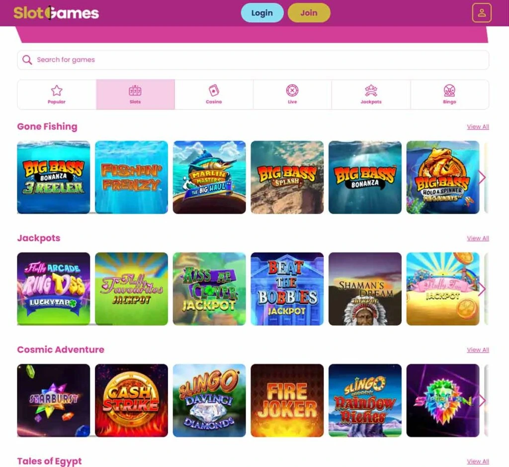 Slot Games Casino desktop slots screenshot showing slot game categories, featured titles and filtering options - tested
