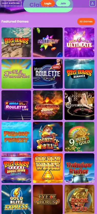 Slot Machine Casino mobile homepage screenshot displaying main navigation, featured games and mobile-friendly interface/navigation - tested