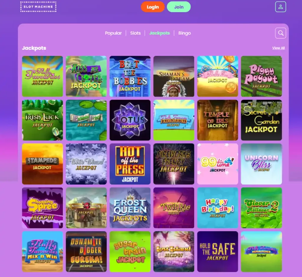Slot Machine Casino desktop jackpots screenshot showing progressive jackpot titles, prize amounts and provider filters - tested
