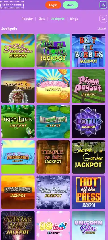 Slot Machine Casino mobile jackpots screenshot displaying progressive jackpot titles, prize amounts and touch-optimized navigation - tested