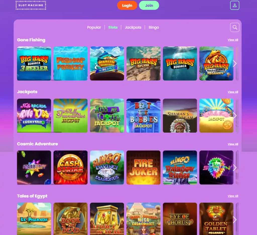 slot machine Casino desktop slot screenshot showing multiple slot categories, featured games and provider filters - tested