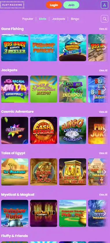 Slot Machine Casino mobile slots variety screenshot displaying featured slots, categories and touch-optimized navigation - tested