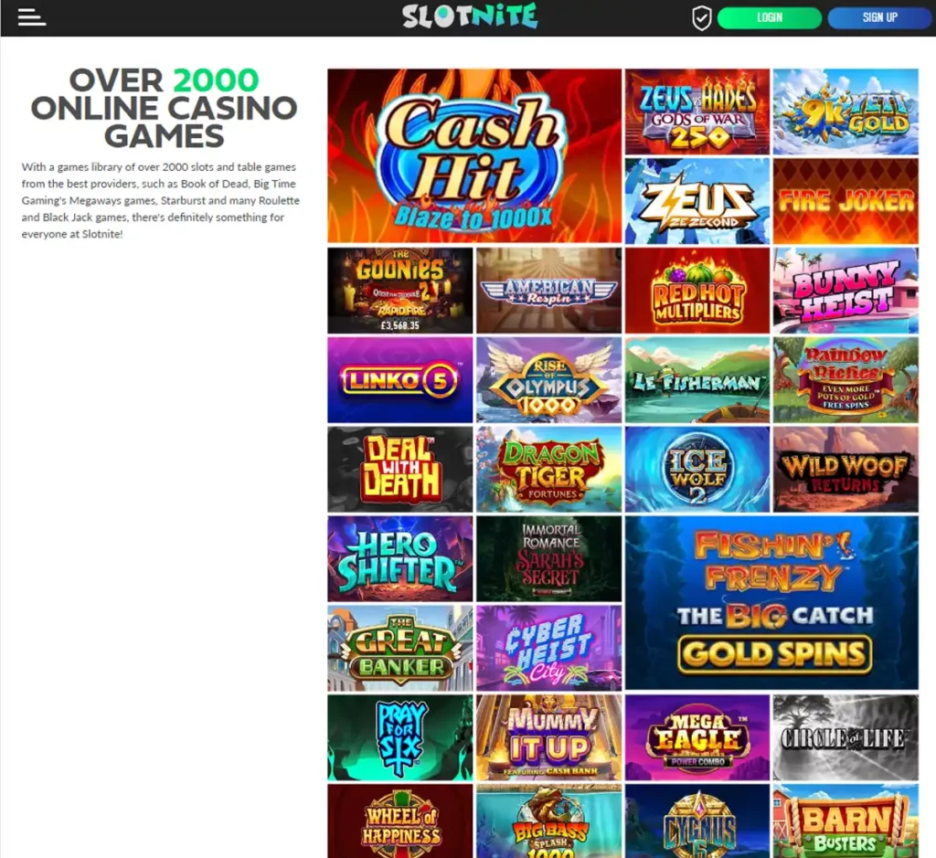 Slotnite Casino desktop homepage screenshot showing main navigation, featured games and promotional banners - tested