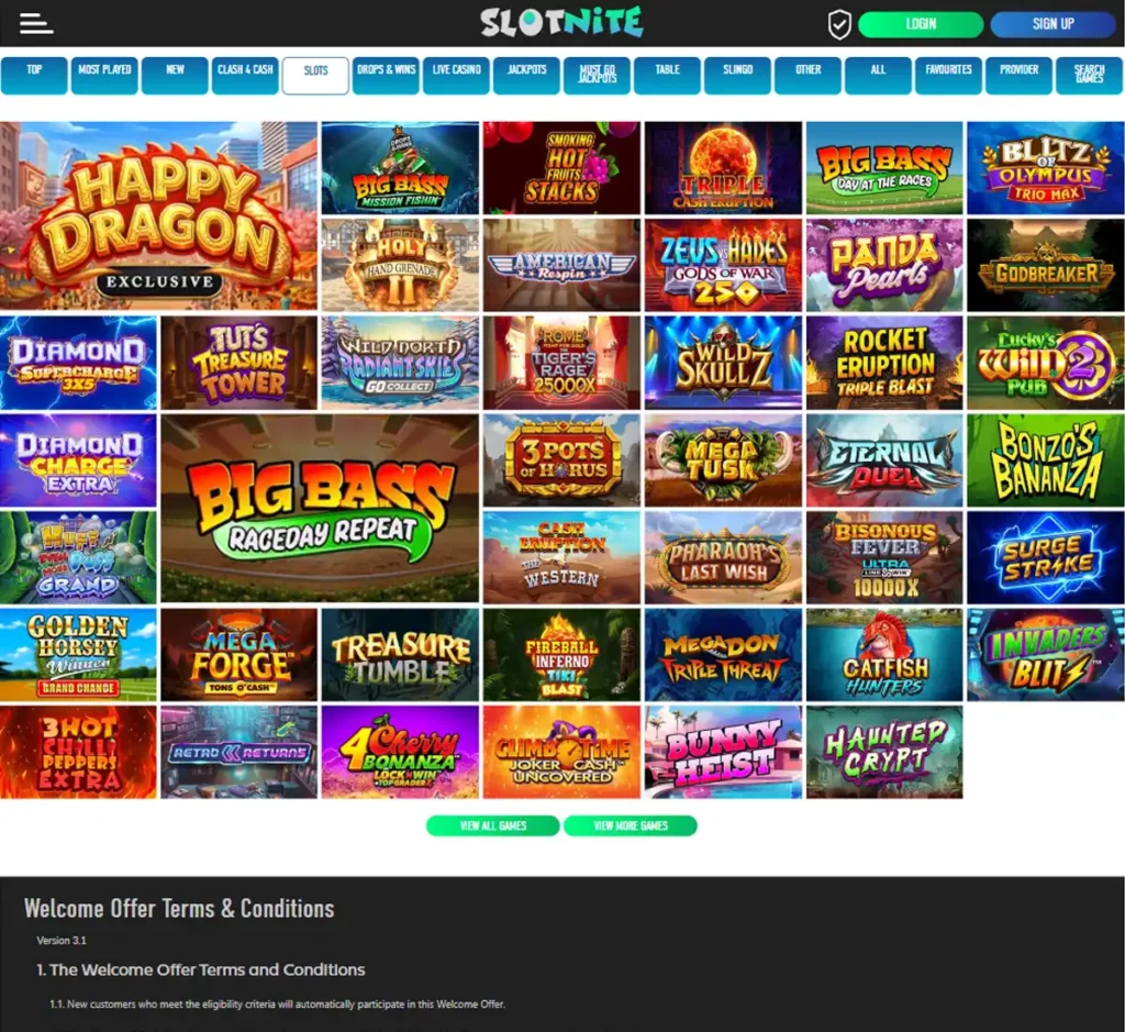 Slotnite Casino desktop slots screenshot showing multiple slot categories, featured games and provider filters - tested Slotnite Casino desktop slots screenshot showing multiple slot categories, featured games and provider filters - tested