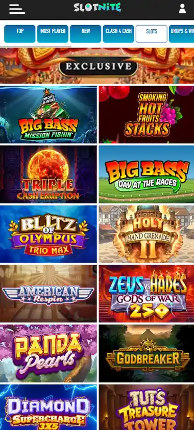 Slotnite Casino mobile slots variety screenshot displaying featured slots, categories and touch-optimized navigation - tested