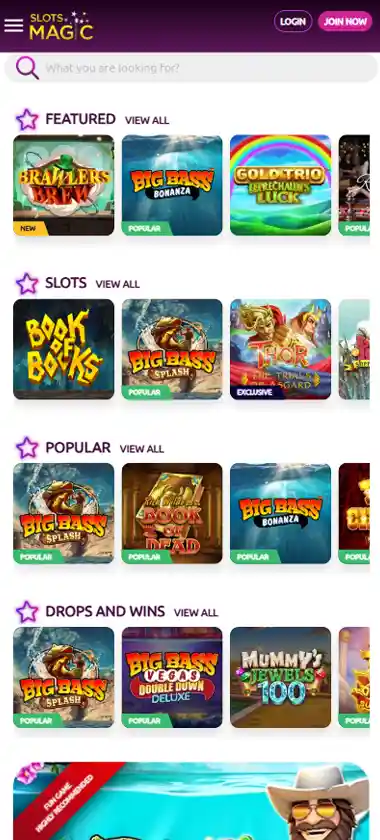 Slots Magic Casino mobile homepage screenshot displaying main navigation, featured games and mobile-friendly interface/navigation - tested