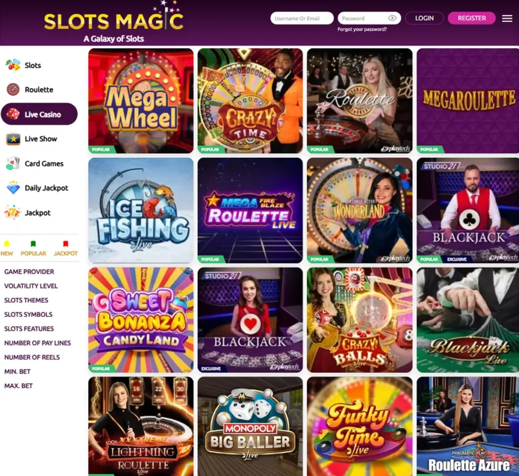 Slots Magic Casino desktop live dealer games collection screenshot showing roulette, blackjack and baccarat tables in lobby view with categories and provider filters - tested