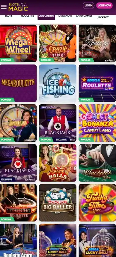 Slots Magic Casino mobile live dealer games collection screenshot displaying available live tables and categories with mobile-friendly interface/navigation - tested